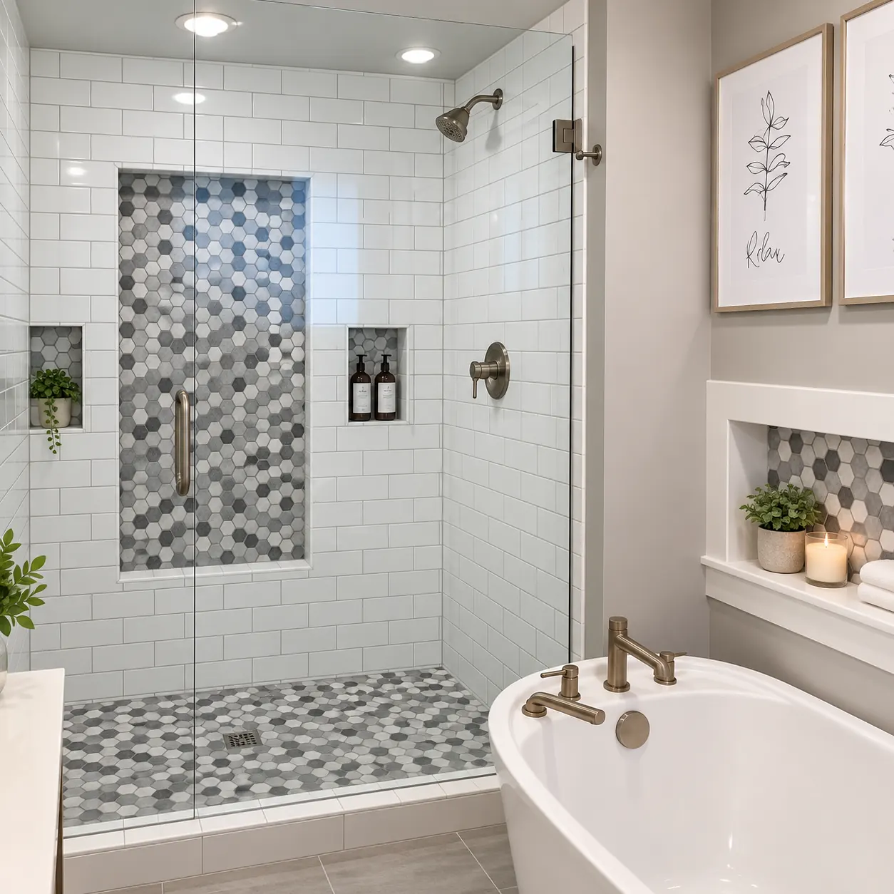 Tile shower and freestanding tub