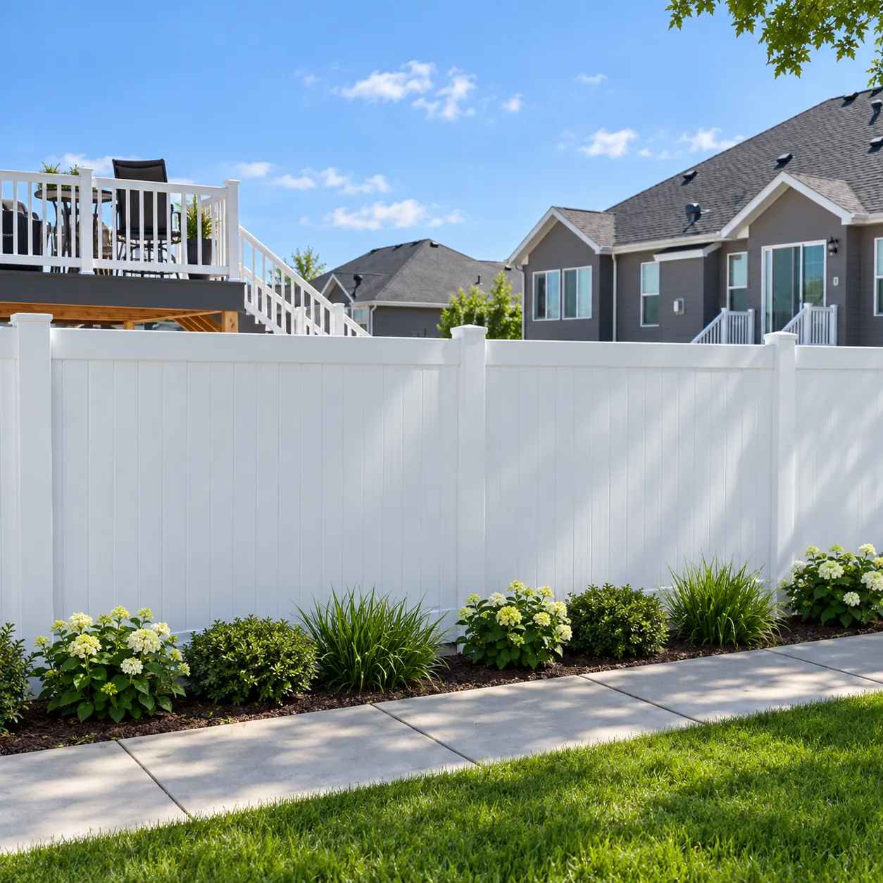 Vinyl fence beside deck