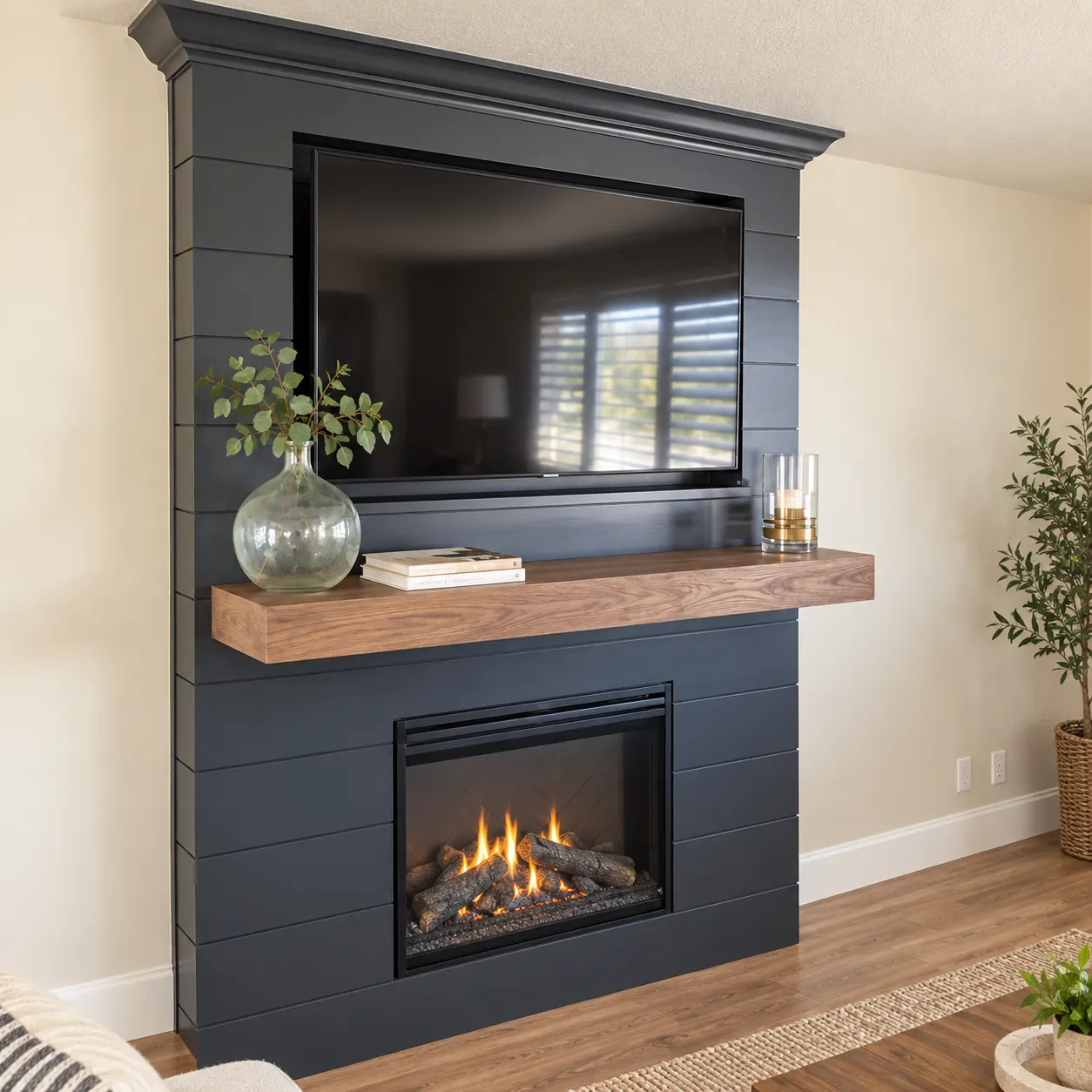 Fireplace and timber mantel