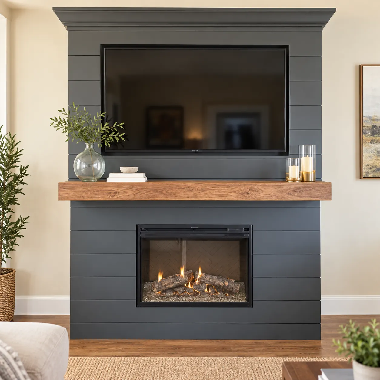 Finished shiplap fireplace wall