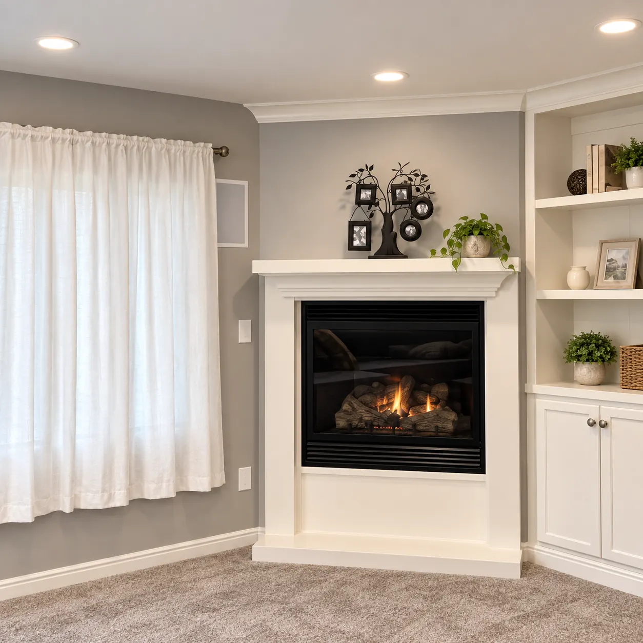 Corner fireplace and cabinetry