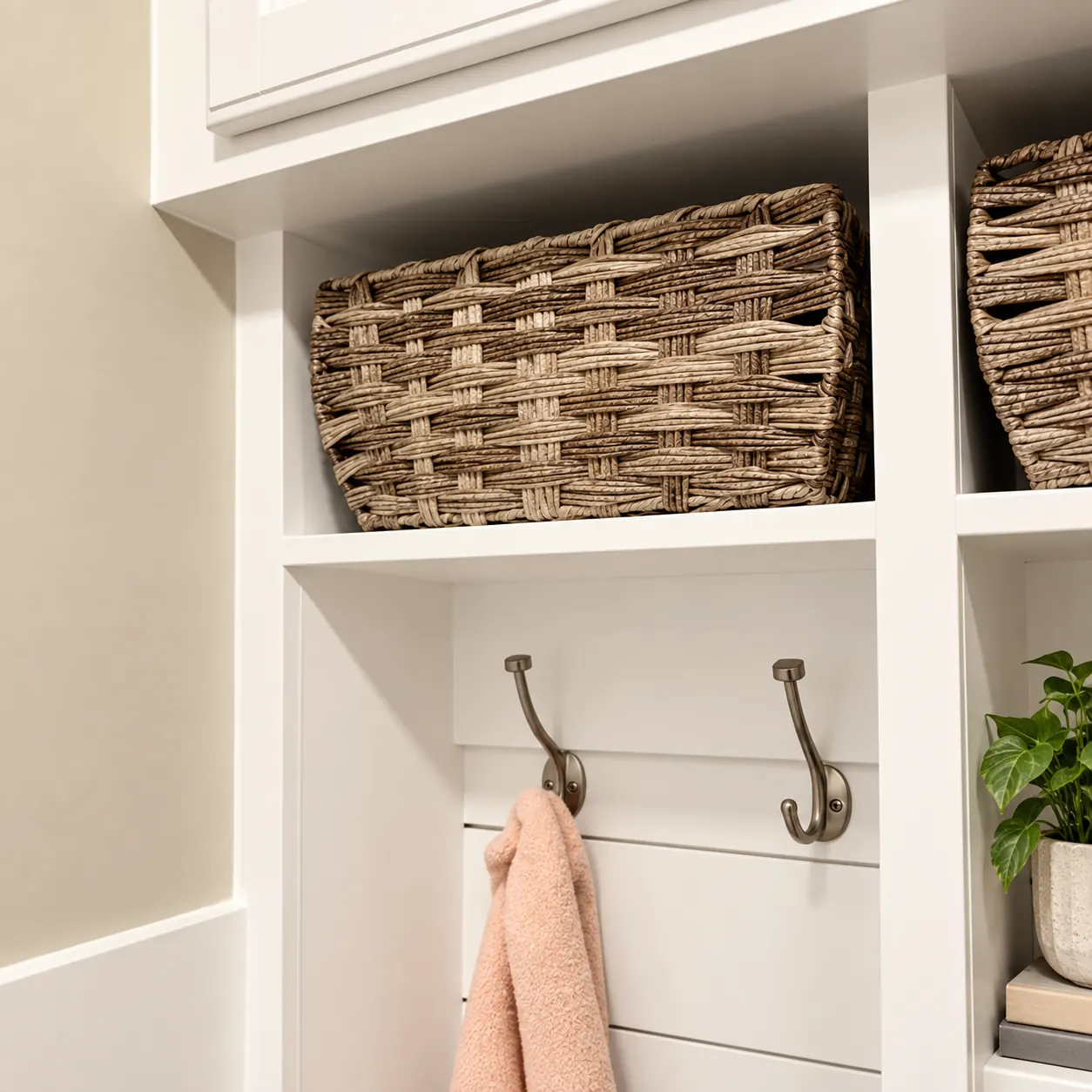 Mudroom cubby and coat hooks