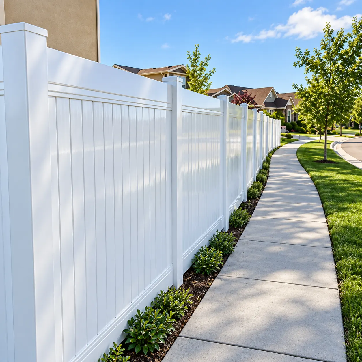 Vinyl fence beside sidewalk