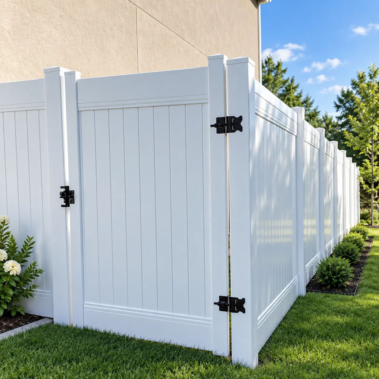 Vinyl gate beside house